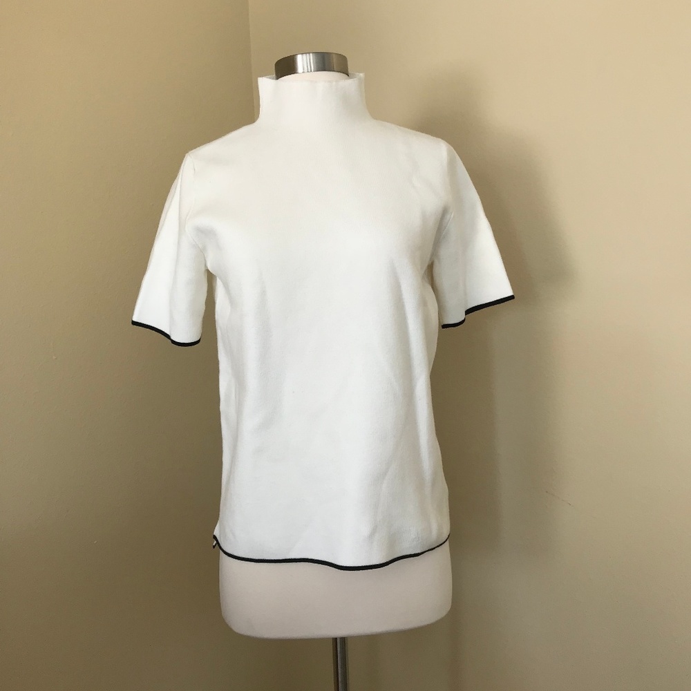 Turtle Mock Neck Zara Knit Top White Navy Trim